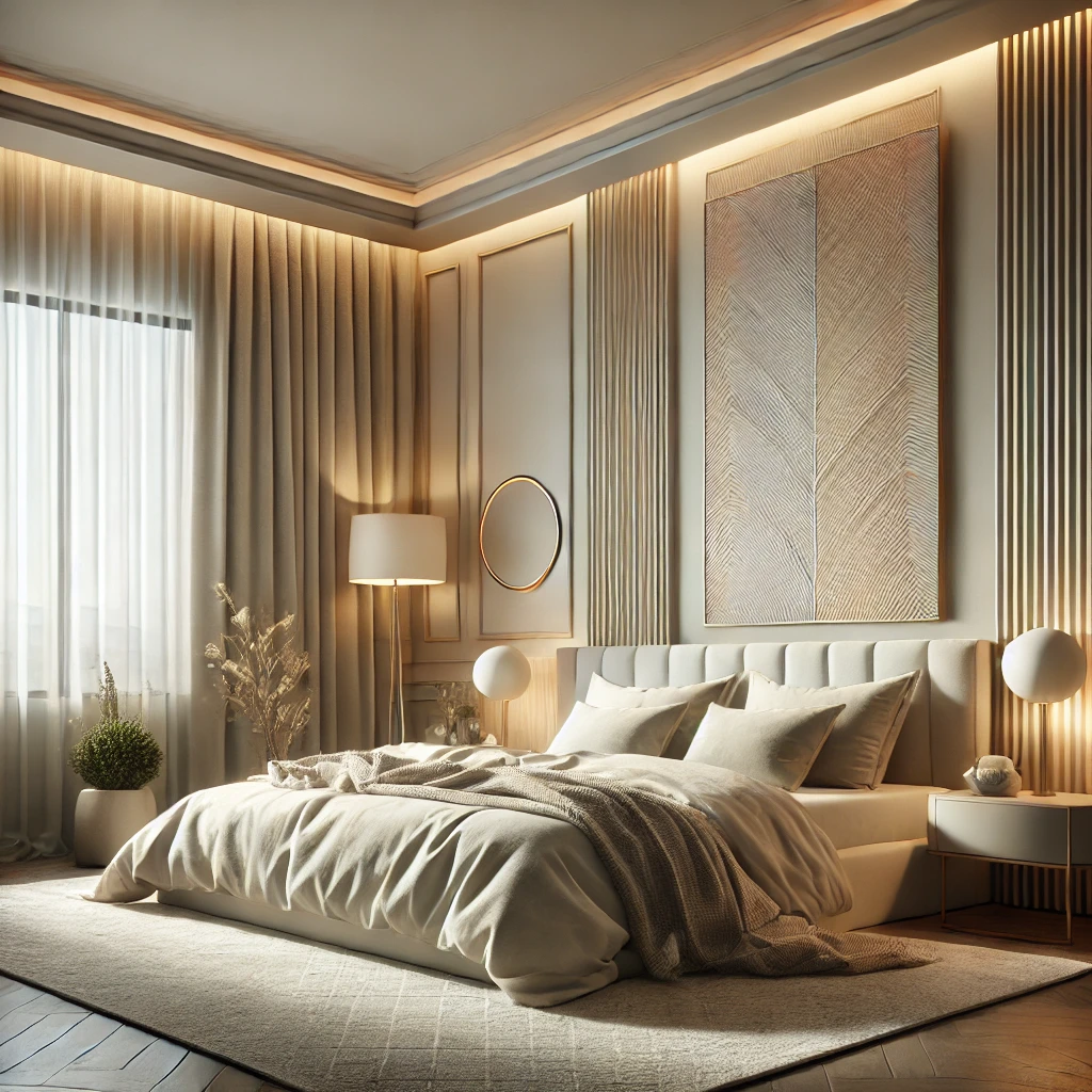 luxurious bedroom interior design with a modern minimalist style.