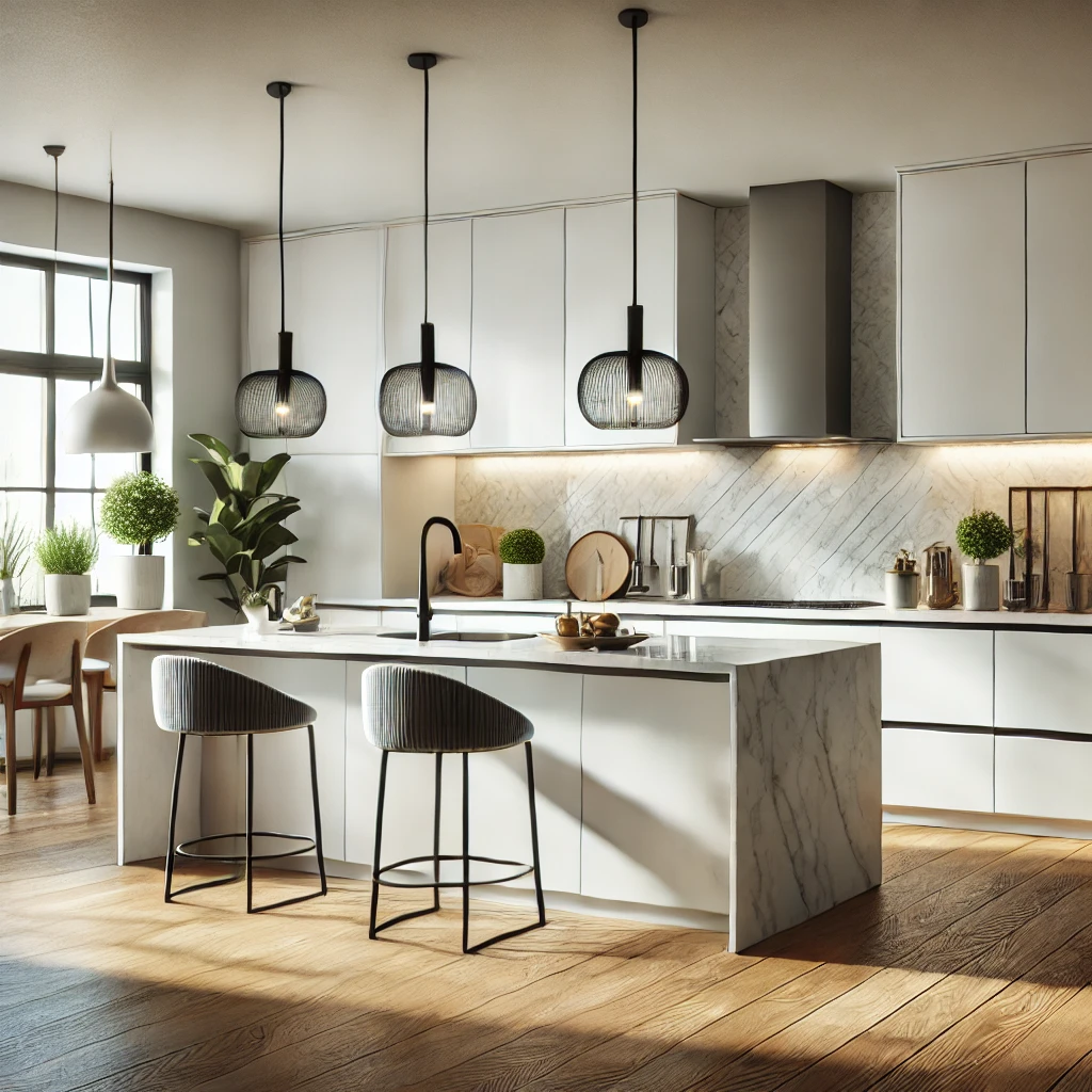 Modern, stylish kitchen interior design with an open-concept layout